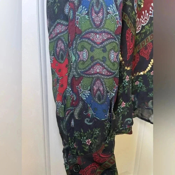 Zara Woman’s Small Sheer Blouse Paisley Colorful Print Sequins Velvet Collar - Picture 4 of 8